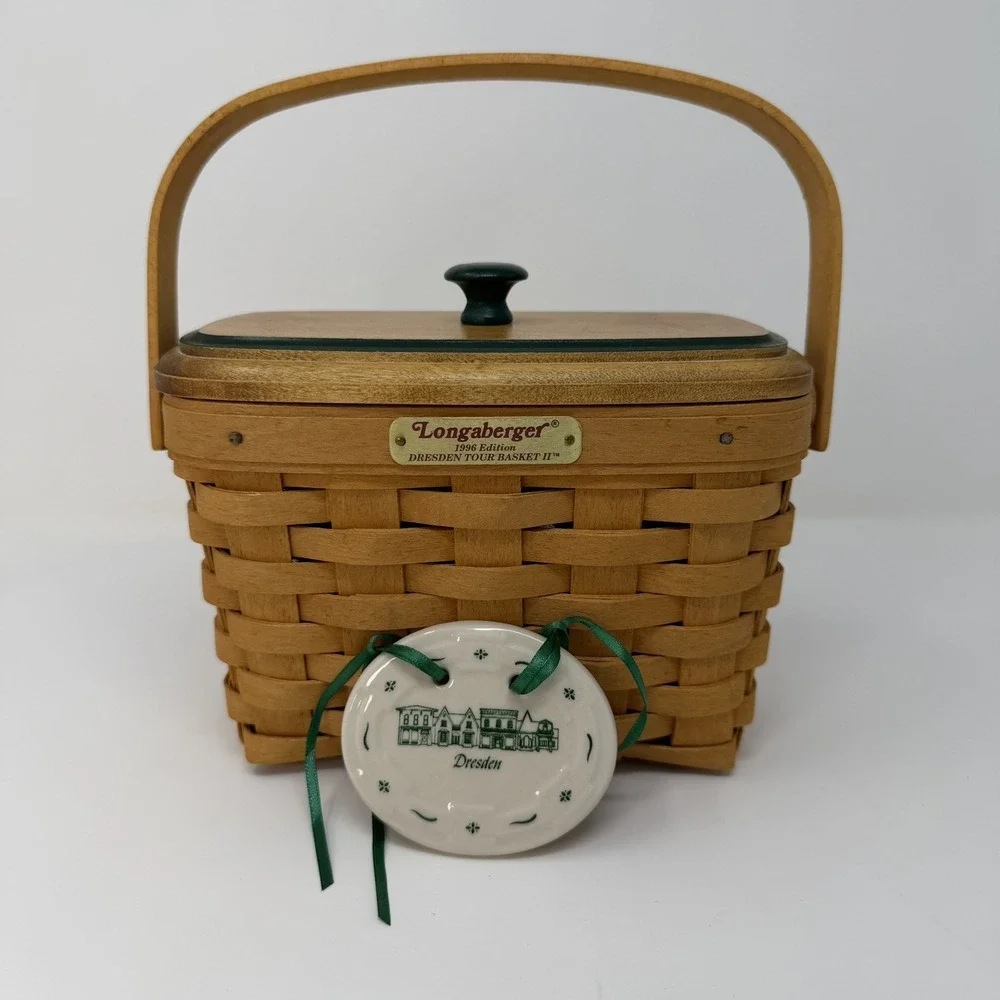 VTG Longaberger Dresden Tour Basket II 1996 w/ Lid, Liner & Tie-On Collectors